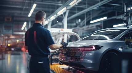 Engineer working to recharge EV car in the product line.