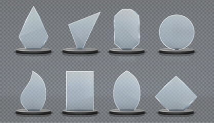 Clear glass trophy awards isolated vector set. Glossy board and clear panel trophy illustration