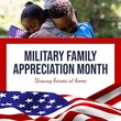 Military family appreciation month text and african american children hugging soldier father