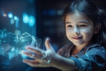 Cute little girl holding x-ray image of lungs on dark background