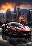 Fototapeta  - a luxurious red sports car parked on the side of a road in front of an impressive city skyline