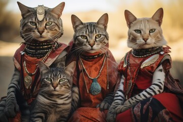 whimsical image of anthropomorphic cat wearing tribal clothing, Humour, cats family wearing tribal clothing, Generative AI