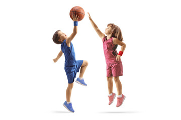 Poster - Little boy and girl playing basketball