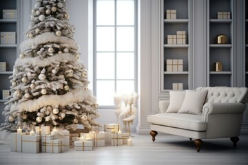 Wall Mural - a room with a bright interior is decorated for Christmas. white christmas tree