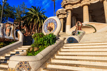 Entrance Of Park Guell Designed By Antoni Gaudi In Barcelona, Spain