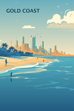 Australia Gold Coast City Skyline Poster With Abstract Shapes Of Landmarks And Coastline. Vintage Travel Queensland Australian Beach With Cityscape Vector Illustration