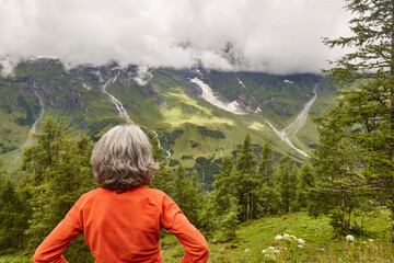 Wall Mural - Grossglockner. Serpentine alpine road viewpoint. Green forest and waterfall. Austria