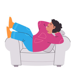 Man lying lazy resting sleeping in sofa couch relax casual you man colorful clothes vector flat illustration