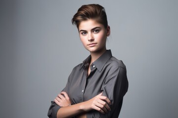 Wall Mural - studio shot of a confident young model standing against a grey background