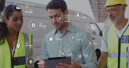 Sticker - Animation of icons with data processing over diverse workers using tablet