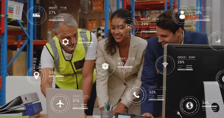 Sticker - Animation of icons with data processing over diverse workers using laptop in warehouse