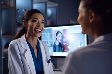 Wall Mural - Portrait of smiling female doctor looking at her patient and talking to her