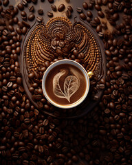 Sticker - a cup of coffee in flat lay angle, hyper realistic, beautiful dreammy light, coffee beans background, created using generative AI tools