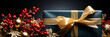 Schöne Geschenke Box mit rote Beeren und goldene Weihnachtskugeln Nahaufnahme als Banner im Querformat, ai generativ