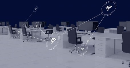 Poster - Animation of network of conncetions with icons over office interior with desks and computers