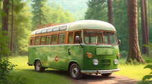 A mini bus on a summer with forest background by Generative AI