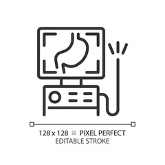 Wall Mural - Endoscope pixel perfect linear icon. Medical tool. Flexible tube. Health diagnosis. Gastrointestinal system. Thin line illustration. Contour symbol. Vector outline drawing. Editable stroke