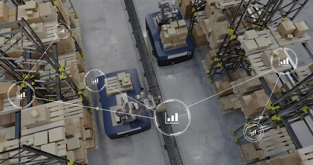 Sticker - Animation of network of conncetions with icons over robotic arms with boxes warehouse