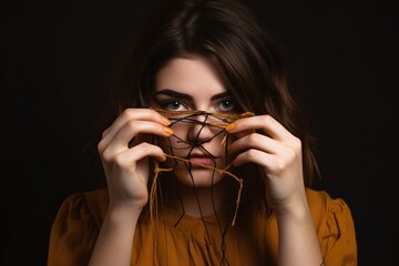 Wall Mural - studio portrait of a trendy young woman holding thread and scissors in front of her face