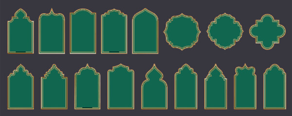 Ramadan window frame shapes. Islamic golden arches. Muslim mosque elements of architecture with ornament. Turkish gates and doors set. Vector
