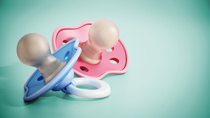 Pacifiers standing on green background. 3D illustration