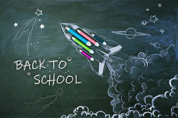 Creative back to school sketch with pencils and rocket on blackboard wall background. Education and knowledge concept.