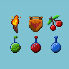 Wall Mural - Pixel art sets of dugeon items. Torch,shield,red cherry,green potion,red potion,and blue potion. Pixel art,8bits perfect for game asset or design asset element for your game design asset.