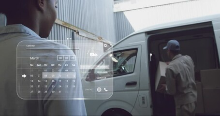 Poster - Animation of digital interface with calendar and data processing over caucasian delivery man