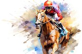 Fototapeta  - Horse jockey riding on a racecourse, watercolor painting, Abstract racing horse with jockey from splash of watercolors, AI Generated