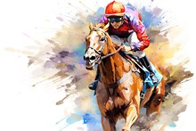 Horse Jockey Riding On A Racecourse, Watercolor Painting, Abstract Racing Horse With Jockey From Splash Of Watercolors, AI Generated