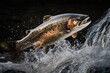 rainbow trout jumping out of the water with splashes of water, Action shot of a salmon jumping out of the water in a clear stream, AI Generated