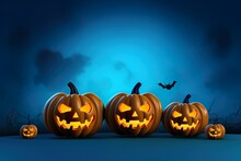 Spooky Halloween Pumpkins Illuminated Inside With Blue Halloween Concept Background 