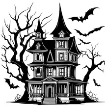 Haunted House Silhouette With Bats And Tree Hand Drawn Sketch Illustration Halloween Cartoon