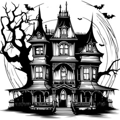 Wall Mural - Haunted House silhouette with bats and tree Hand Drawn Sketch Illustration Halloween Cartoon