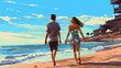 © X-Poser - Happy young couple walking on a beach. Fantasy concept , Illustration painting.
