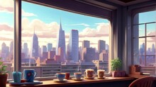 City Landscape From Windows View With Cup Of Coffee, Cartoon Style, Retro Style, Seamless Looping Video