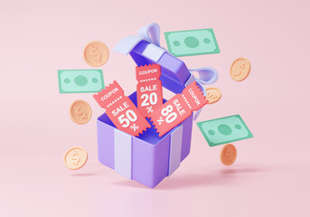 Wall Mural - Gift box special shopping concept isolated on pink background. promotion sale percentage marketing profitable voucher icon symbol special discount coupons tag excellent refund, 3d render illustration