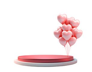 3d podium valentine red heart shaped balloons, empty stage display presentation product, isolated on