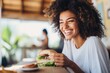 Happiness Woman Eats Sandwich In In A Cafe In The Bahamas