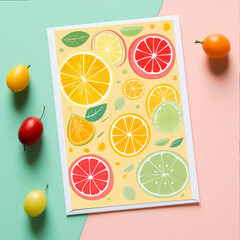 photography of thank you card for  box fruit design , for a fun kids clothes brand inspired,  minimalist inspired neon background and pastel details
