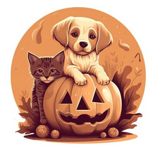 Illustration Of A Kitten And A Puppy Sitting With A Carved Pumpkin Or Lantern, Cute Drawing 