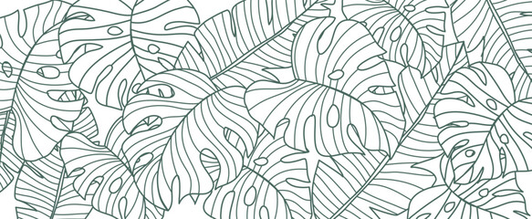 Tropical leaf line art wallpaper background vector. Natural monstera leaves pattern design in minimalist linear contour simple style. Design for fabric, print, cover, banner, decoration.