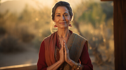 namaste Indian mature woman in the traditional dress