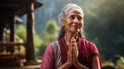 namaste Indian mature woman in the traditional dress