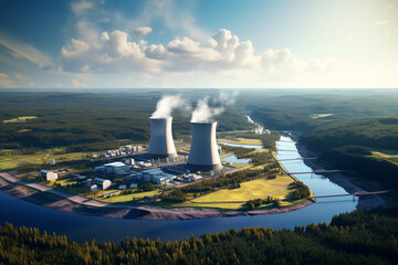 Poster - A bird's eye perspective captures a sprawling nuclear power plant, strategically situated beside a winding river used for cooling purposes