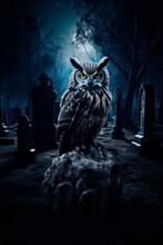 Scops Owl Bird Stand In Graveyard With Tombstones At Night, Halloween Mystery Concept, Generative AI