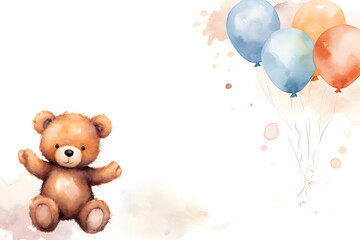 Wall Mural - Teddy bear with balloons watercolor illustration isolated on white background