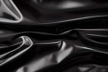 A close-up of black leather with intricate folds and a smooth, shiny texture, perfect for fashion or design themes. Textured Close-Up of Smooth Black Leather