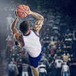 Basketball player in uniform on a professional court stadium 3d render with a ball in action.
