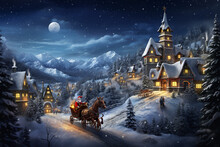 Santa's Iconic Sleigh, Pulled By Reindeer, Soars Majestically Over A Snow-kissed Town Bathed In Gentle Moonlight